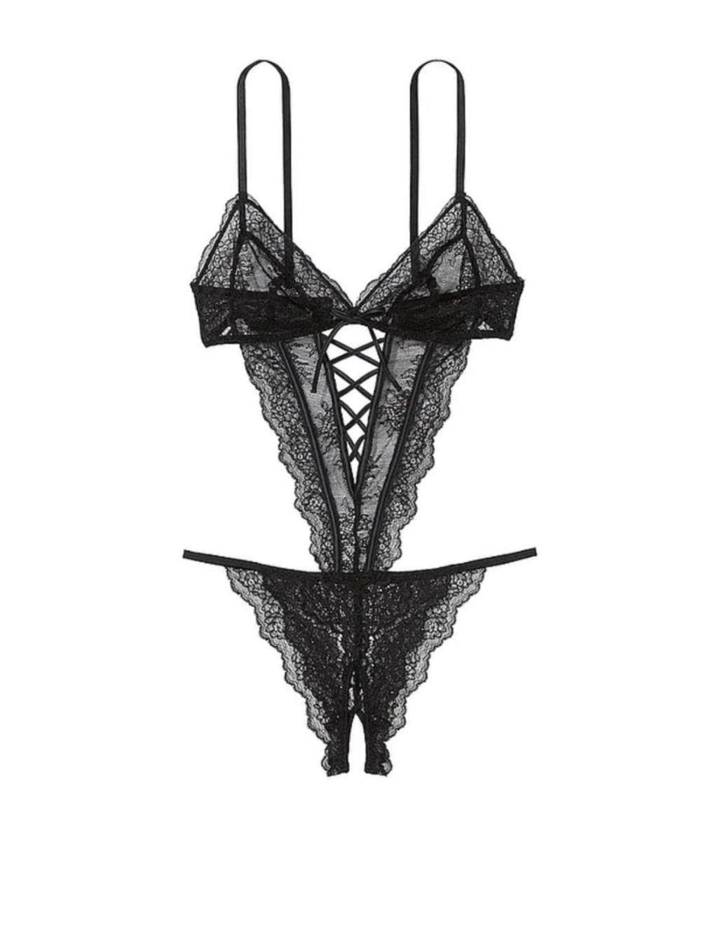 NWT Victoria's Secret Dream Angels Crotchless  Black Lace Lattice-Front Teddy